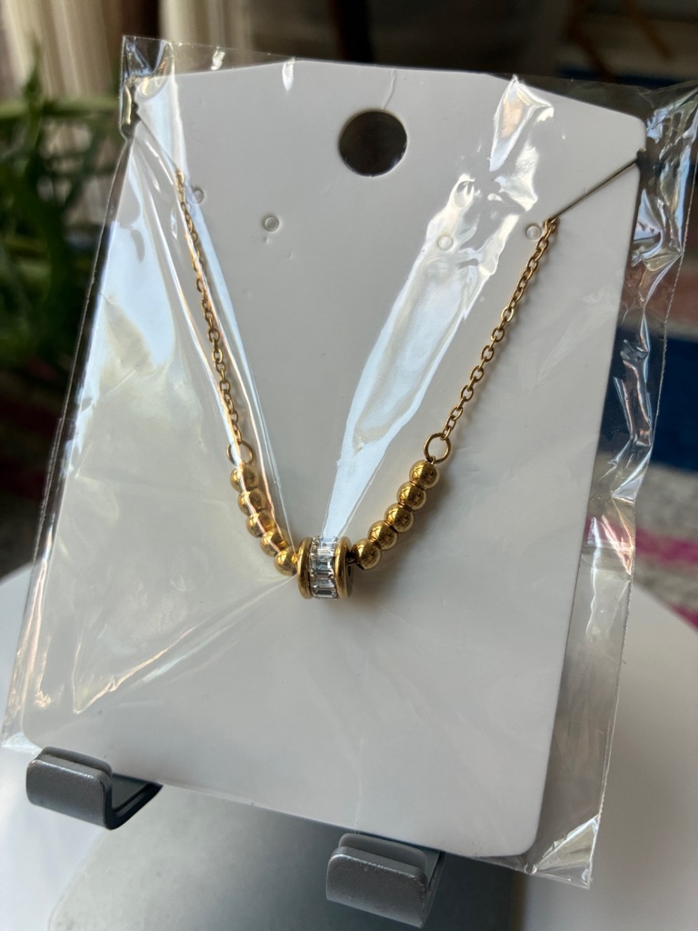 Gold Bead Necklace with Crystal Accent